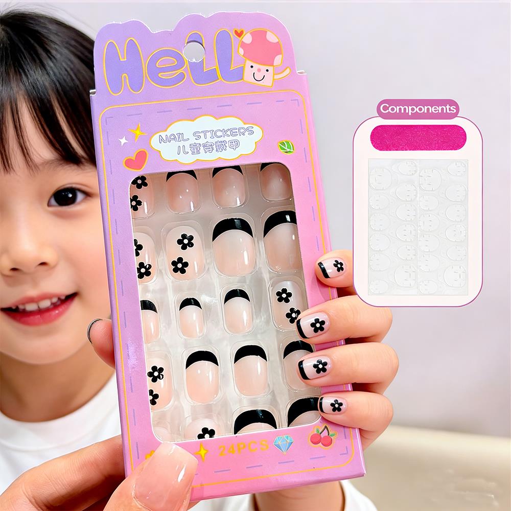 Nail Art Press On - เล็บปลอมเด็กแบบกดติดลายการ์ตูน 24 ชิ้น/กล่อง ลายดอกไม้สีดำ ปลายเล็บแบบฝรั่งเศส ปิดเต็มเล็บ