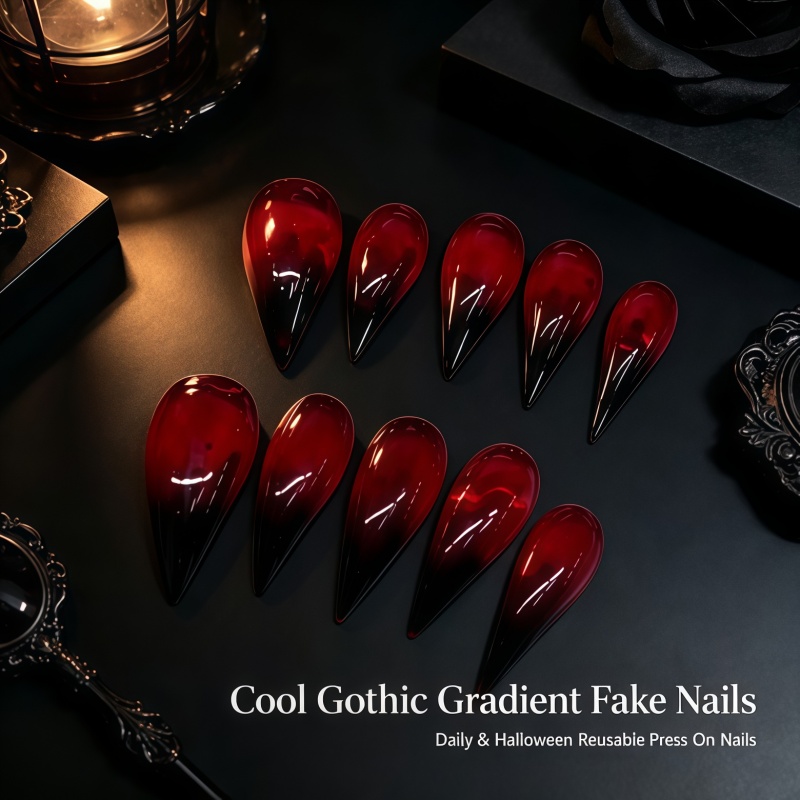 Nail Art Vampire - 2026ใหม่! เล็บปลอมสีแดงและดำแบบไล่เฉดสีสไตล์แวมไพร์ 10 ชิ้น ความยาวพิเศษ ดีไซน์กอธิคพังก์