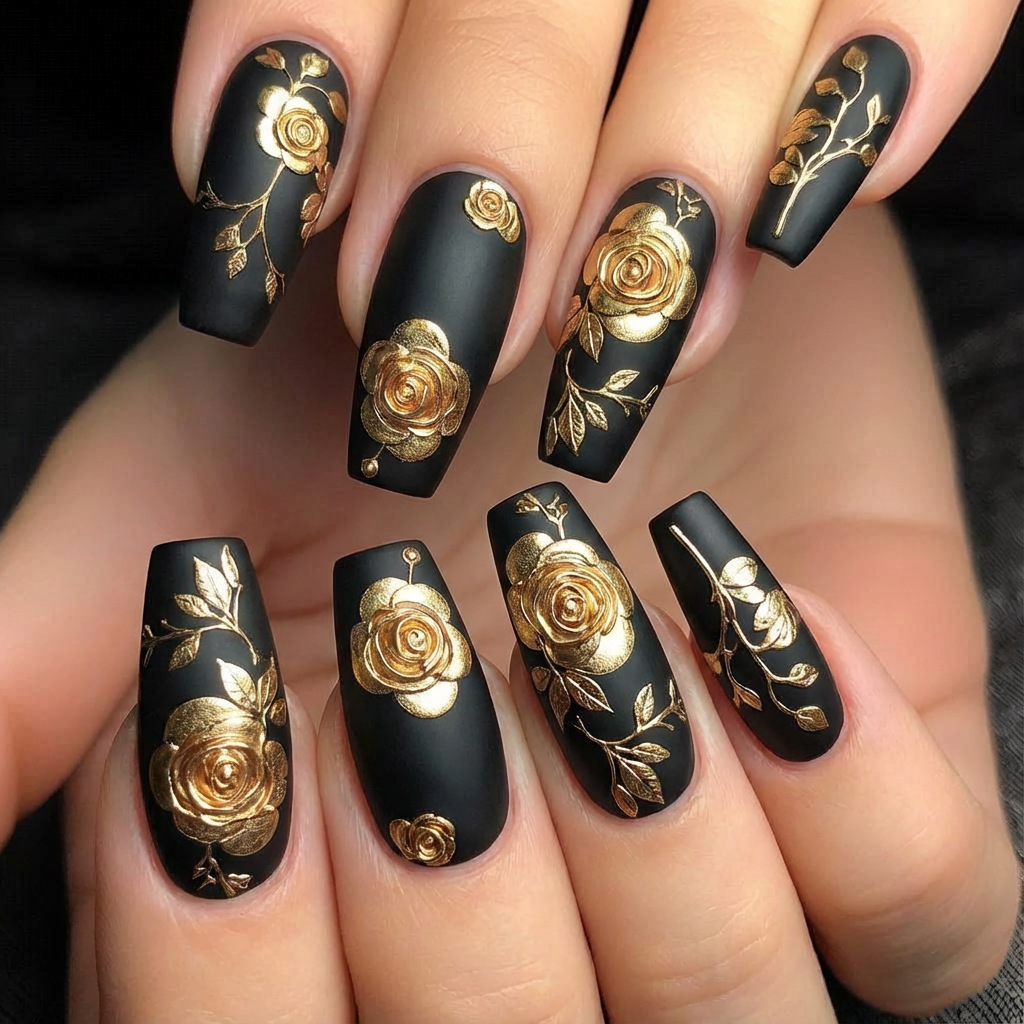 Nail Art Press On - เล็บปลอม 3 มิติ สำหรับผู้หญิง สาวๆ สีทอง