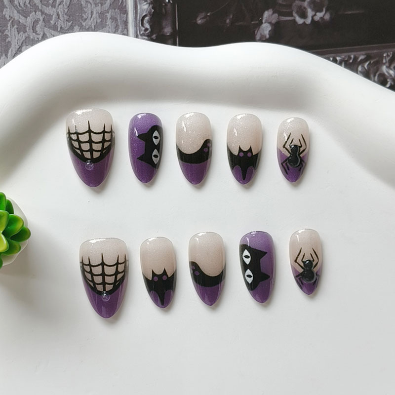 Nail Art Press On - 10 ชิ้น เล็บปลอมสำหรับผู้หญิง ธีมปาร์ตี้ฮาโลวีน ลายแมวสีม่วงดำ ผิวหยาบแบบตาแมว