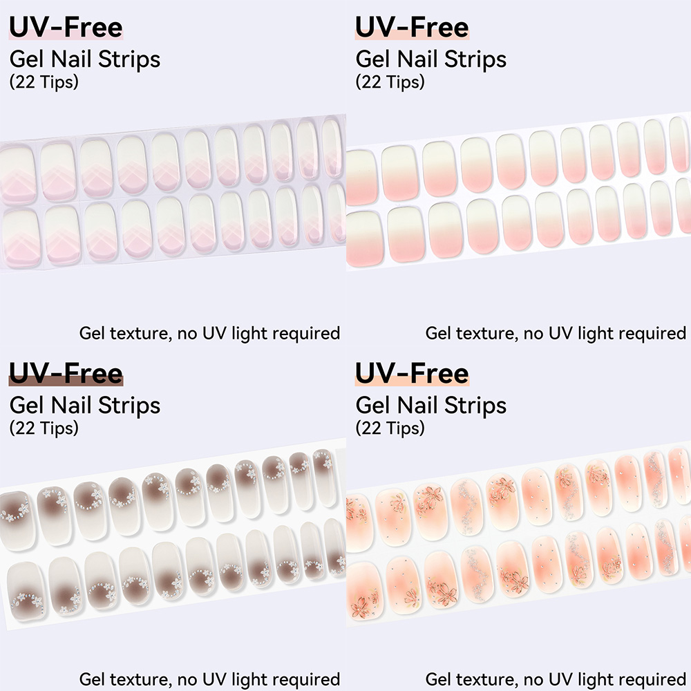 Nail Art Ombre Pink - แผ่นเจลติดเล็บแบบไม่ต้องใช้ยูวี 22 ชิ้น สติ๊กเกอร์เจลติดเล็บแบบกดติด ลายไล่สี โทนนู้ด