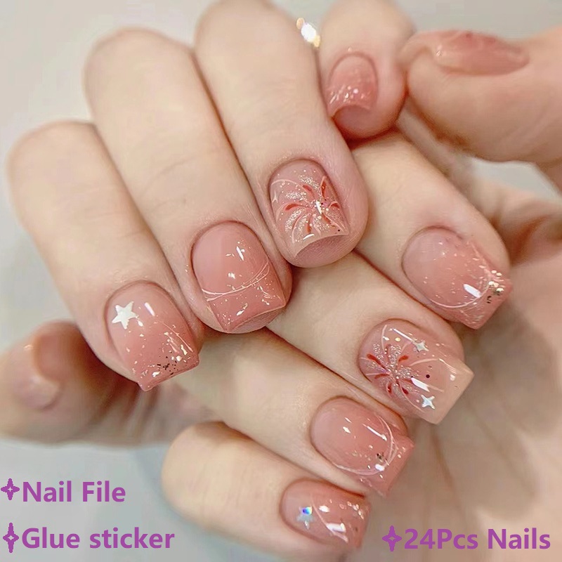 Nail Art Ombre Pink - เล็บปลอมสีชมพูแบบกดติด ลายออมเบรเรียบง่าย สไตล์ Y2K สำหรับฤดูใบไม้ผลิ ถอดออกได้