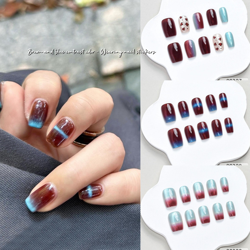 Nail Art Press On - สติ๊กเกอร์ติดเล็บลายใหม่ สีน้ำเงิน-น้ำตาล สำหรับฤดูใบไม้ร่วงและฤดูหนาว 10 ชิ้น แบบกดติด