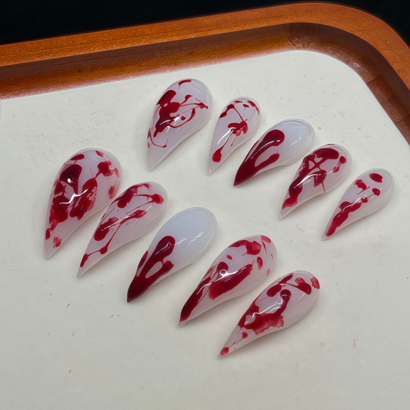 Nail Art Vampire - 10 ชิ้น เล็บปลอมทรงสติเลตโต้ทำมือ ฐานสีขาวลายเลือดสาดเลอะเล็บปลอมสไตล์โกธิคฮาโลวีนแวมไพร์