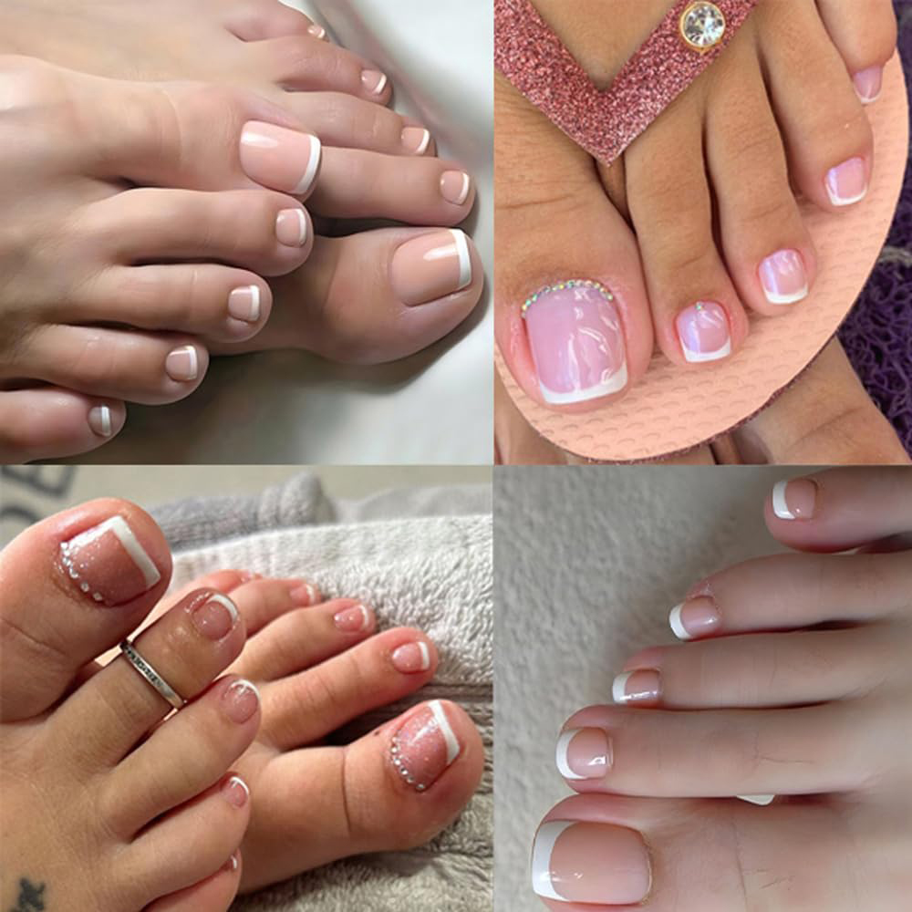 Nail Art Ombre Pink - ปลายเล็บเท้าสีชมพูขาวแบบไล่เฉด 120 ชิ้น ปลายเล็บอะคริลิกแบบฝรั่งเศสสำหรับงานแต่งงาน ปาร์ตี้ ฤดูร้อน