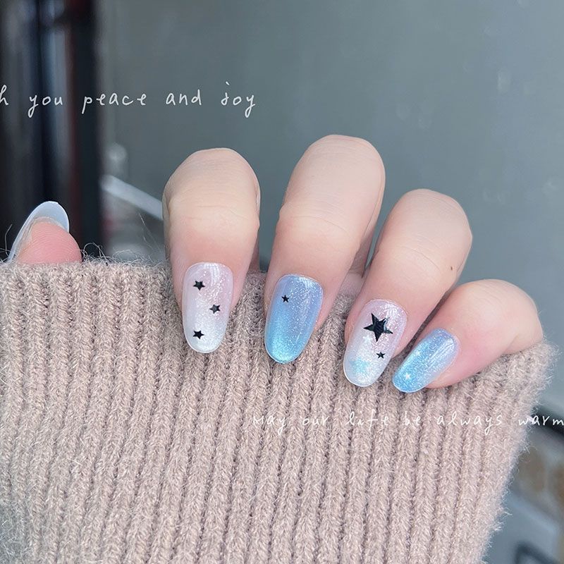 เล็บปลอมแบบกดติด 10 ชิ้น สีฟ้า - Nail Art Press On บทวิจารณ์และราคา