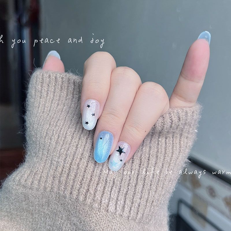เล็บปลอมแบบกดติด 10 ชิ้น สีฟ้า - Nail Art Press On บทวิจารณ์และราคา