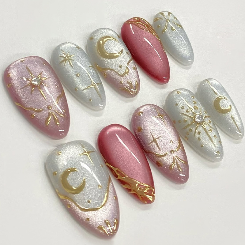 ชุดเล็บปลอมสีฟ้าทรงอัลมอนด์ 24 - Nail Art Overlay บทวิจารณ์และราคา